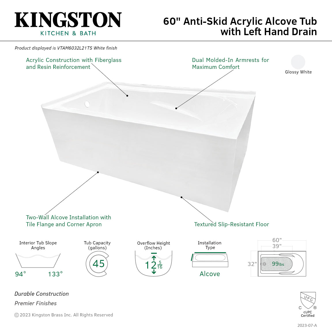 Aqua Eden VTAM6032L21TS 60" Acrylic Rectangular 2-Wall Corner Alcove Tub, Left Hand Drain, Glossy White