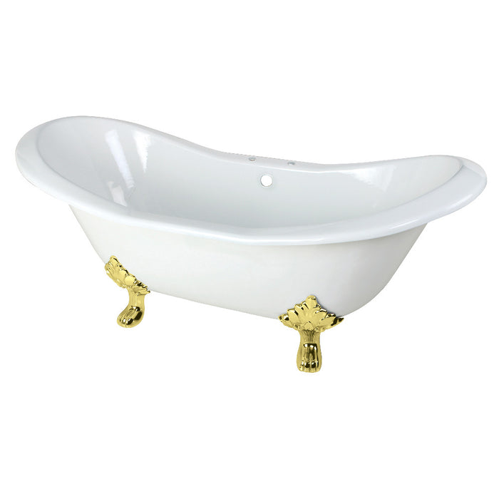 Aqua Eden VCT7D7231NC2 72" Cast Iron Oval Double Slipper Clawfoot Tub (7" Faucet Drillings), White/Polished Brass