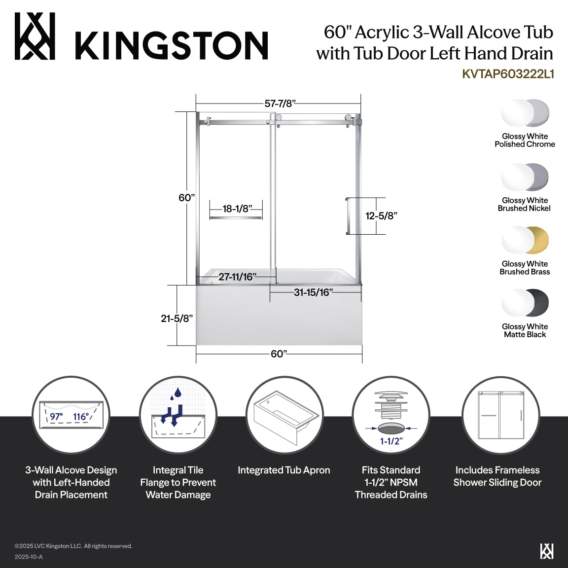 Kingston Brass KVTAP603222L0 60" Acrylic Rectangular 3-Wall Alcove Tub Combo with Tub Door (Left Hand Drain), White/Matte Black