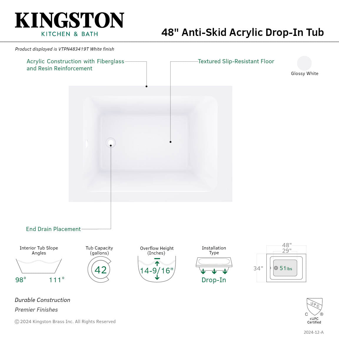 Kingston Brass VTPN483419T 48" Acrylic Rectangular Drop-In Tub with Anti-Skid Surface, Glossy White