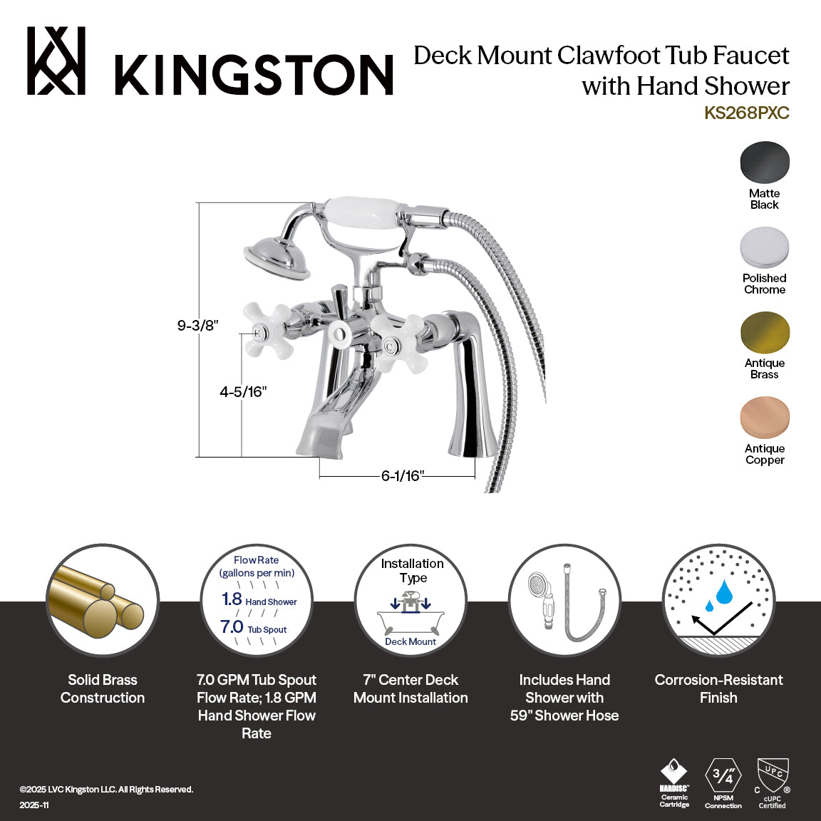 Kingston Brass KS268PXMB Kingston 7" Center Deck-Mount Clawfoot Tub Faucet with Hand Shower, Matte Black