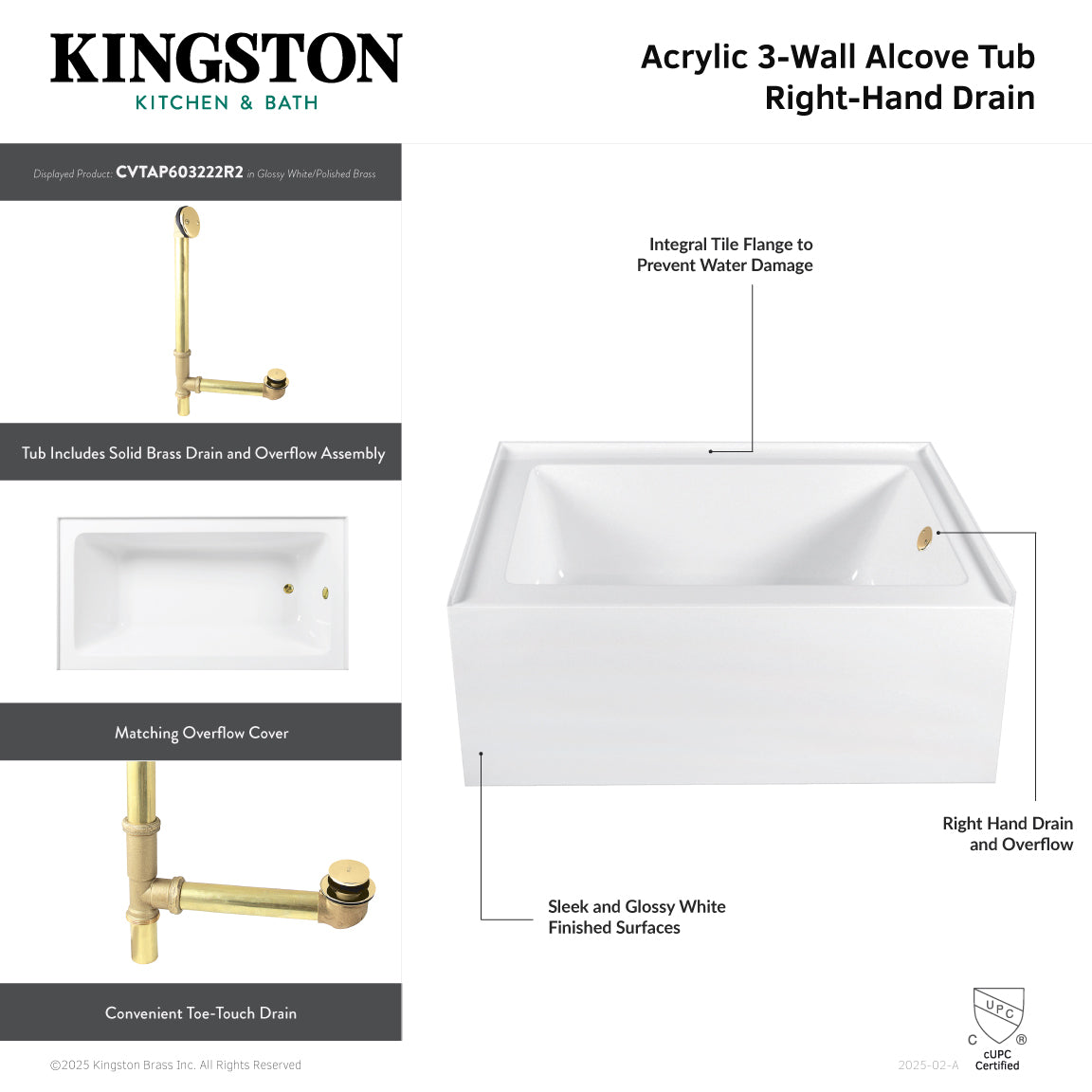 Aqua Eden CVTAP603222R2 60" Acrylic Rectangular 3-Wall Alcove Tub Combo with Waste and Overflow Drain (Right Hand Drain), Glossy White/Polished Brass