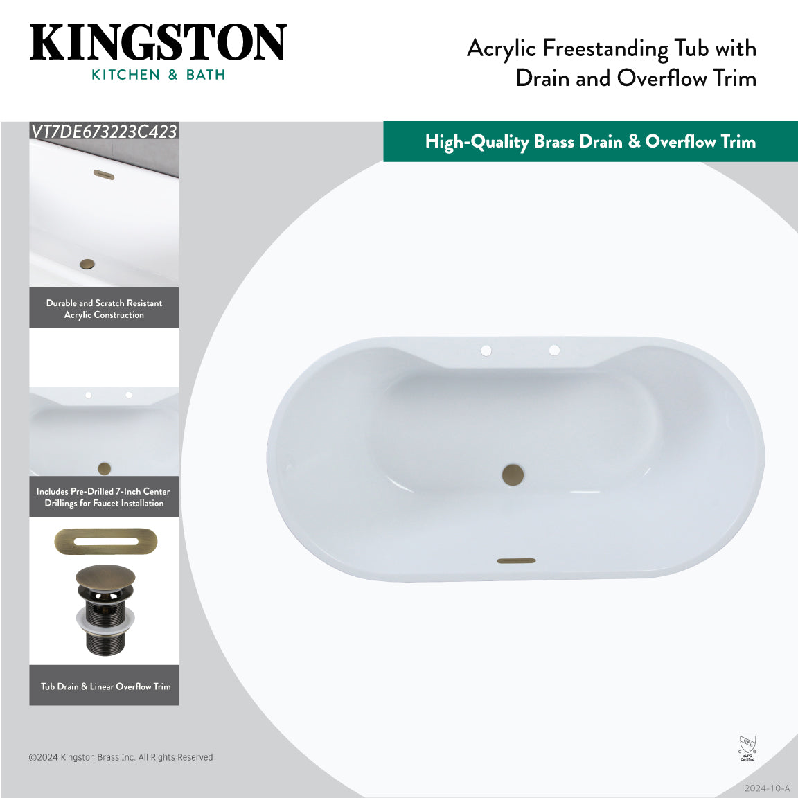 Kingston Brass VT7DE673223C426 67" Acrylic Oval Double Ended Freestanding Tub with Drain, Glossy White/Polished Nickel