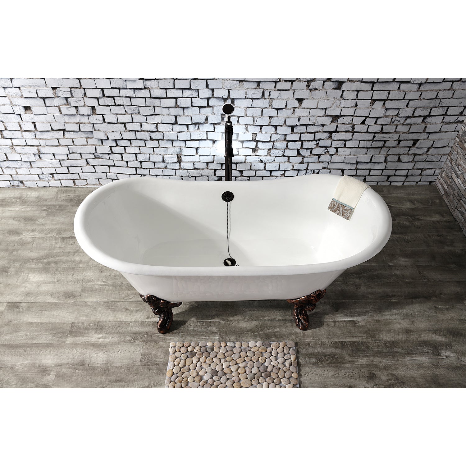 Aqua Eden VCTNDS6731NL5 67" Cast Iron Oval Double Slipper Clawfoot Tub (No Faucet Drillings), White/Oil Rubbed Bronze