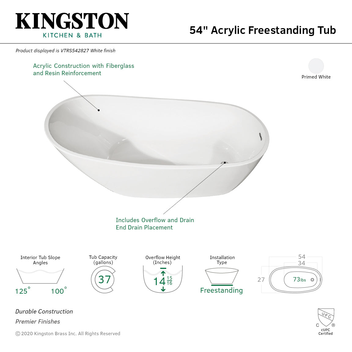 Kingston Brass VTRS542827 54" Acrylic Oval Single Slipper Freestanding Tub with Drain, Glossy White