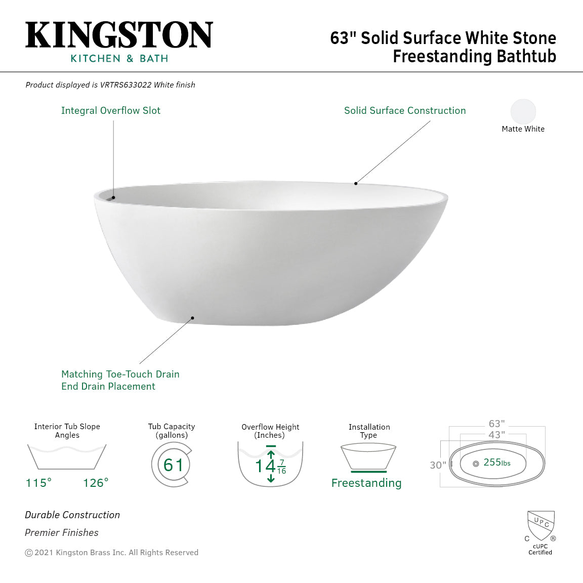 Kingston Brass VRTRS633022 63" Solid Surface Egg Shaped Double Ended Freestanding Tub with Drain, Matte White