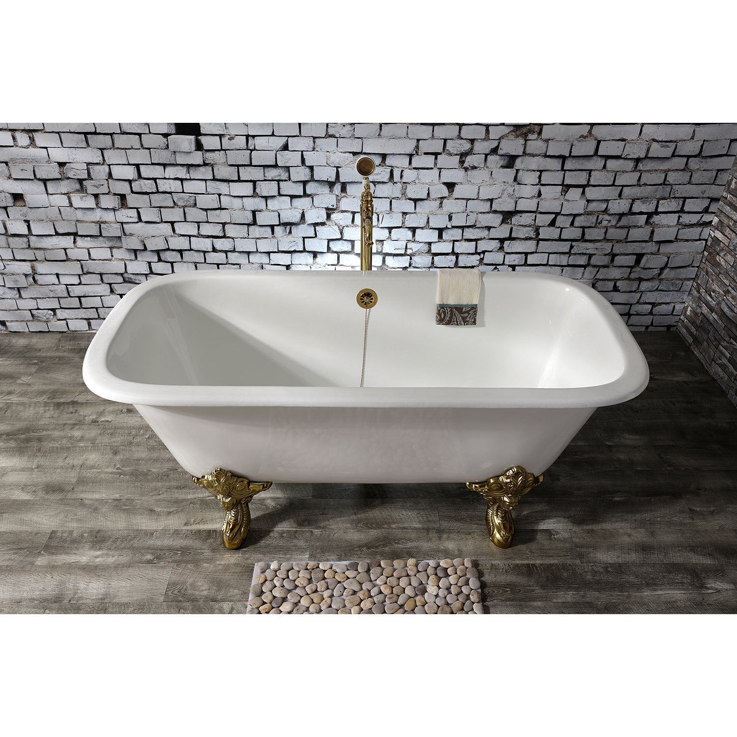 Aqua Eden VCTQND6732NL2 67" Cast Iron Rectangular Double Ended Clawfoot Tub (No Faucet Drillings), White/Polished Brass