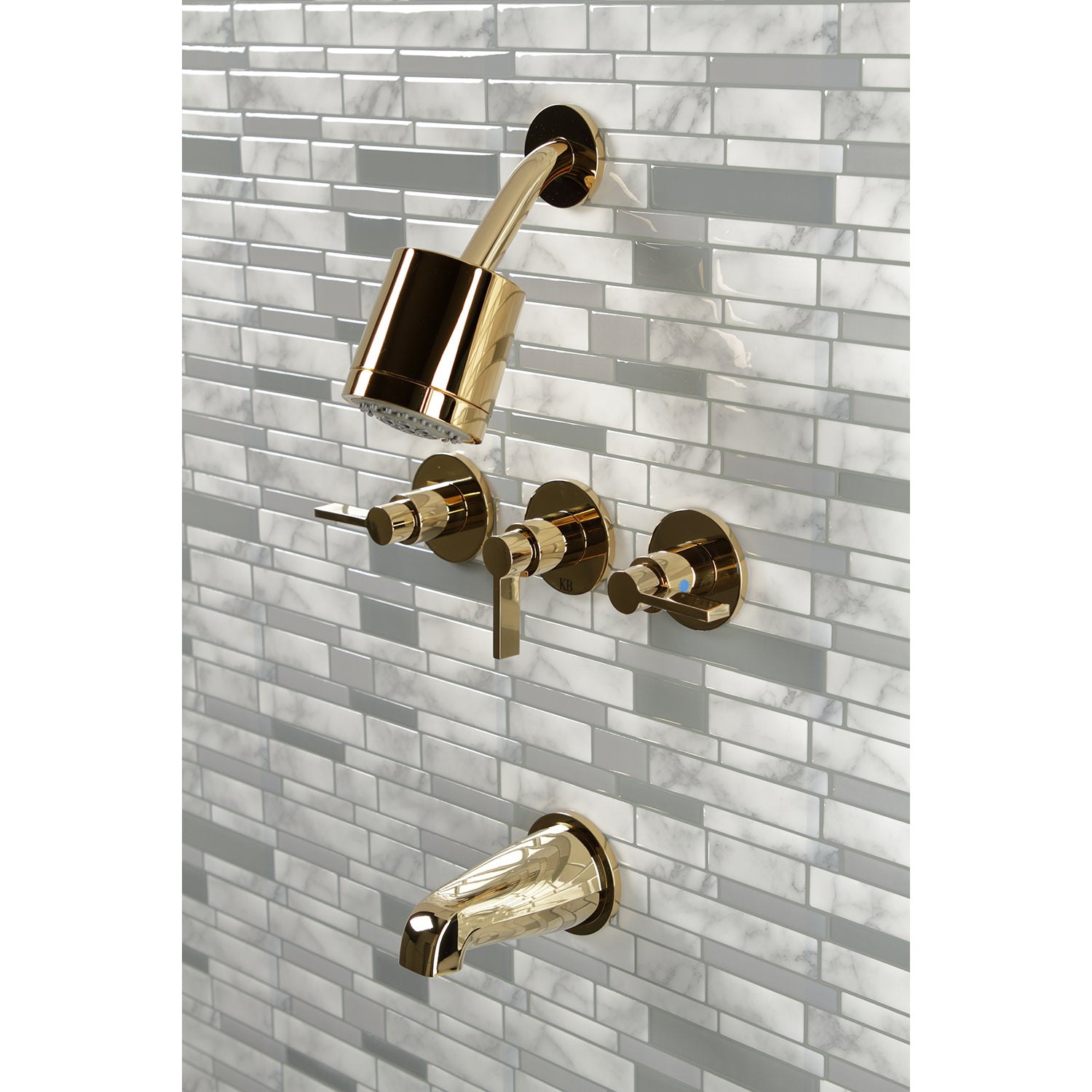 Kingston Brass KBX8132NDL NuvoFusion Triple-Handle Tub and Shower Faucet, Polished Brass