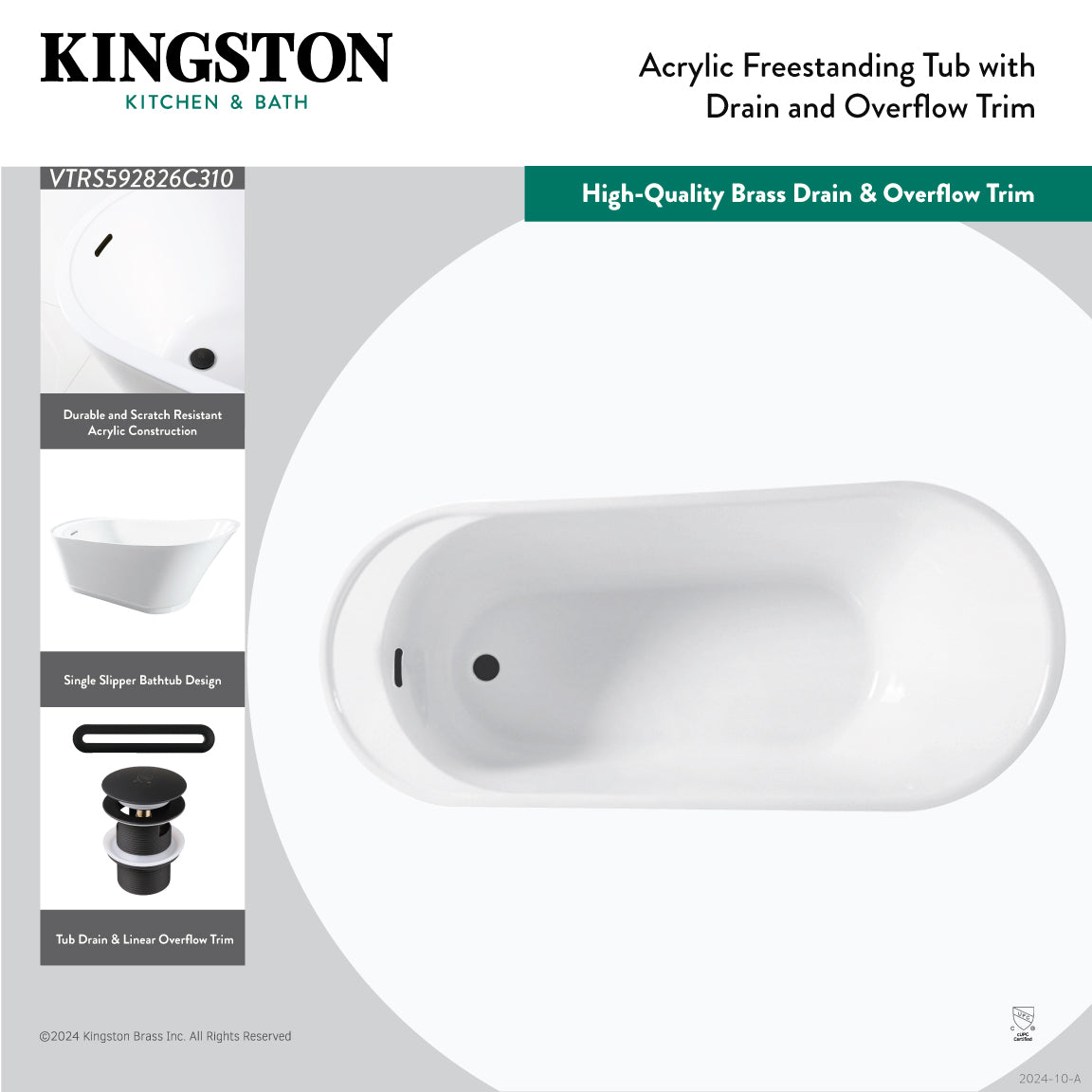 Kingston Brass VTRS592826C310 59" Acrylic Oval Single Slipper Freestanding Tub with Drain, Glossy White/Matte Black