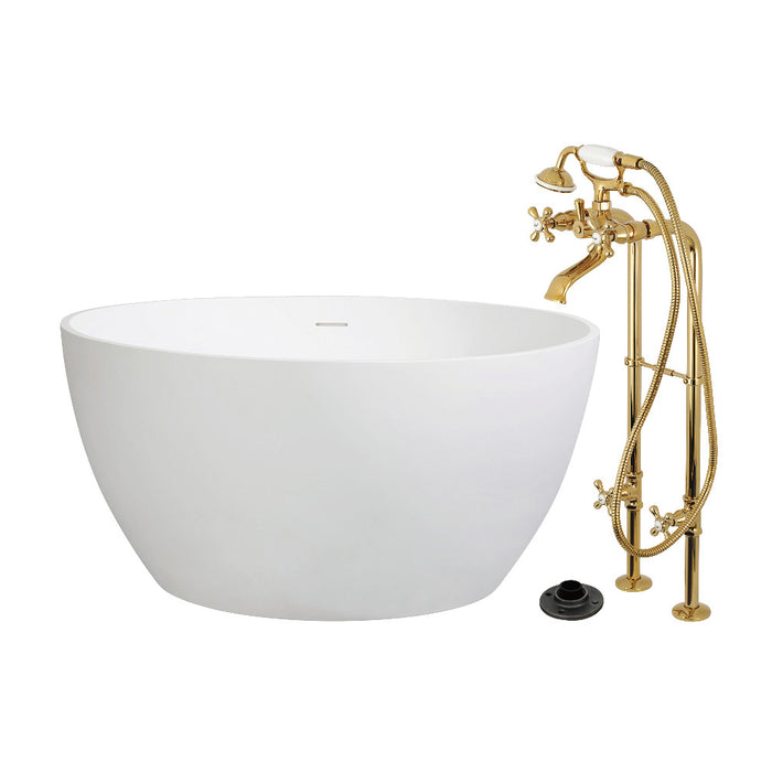 Kingston Brass KRTRO4545266K2 45" Solid Surface Round Double Ended Freestanding Tub with Faucet Combo and Drain, Polished Brass