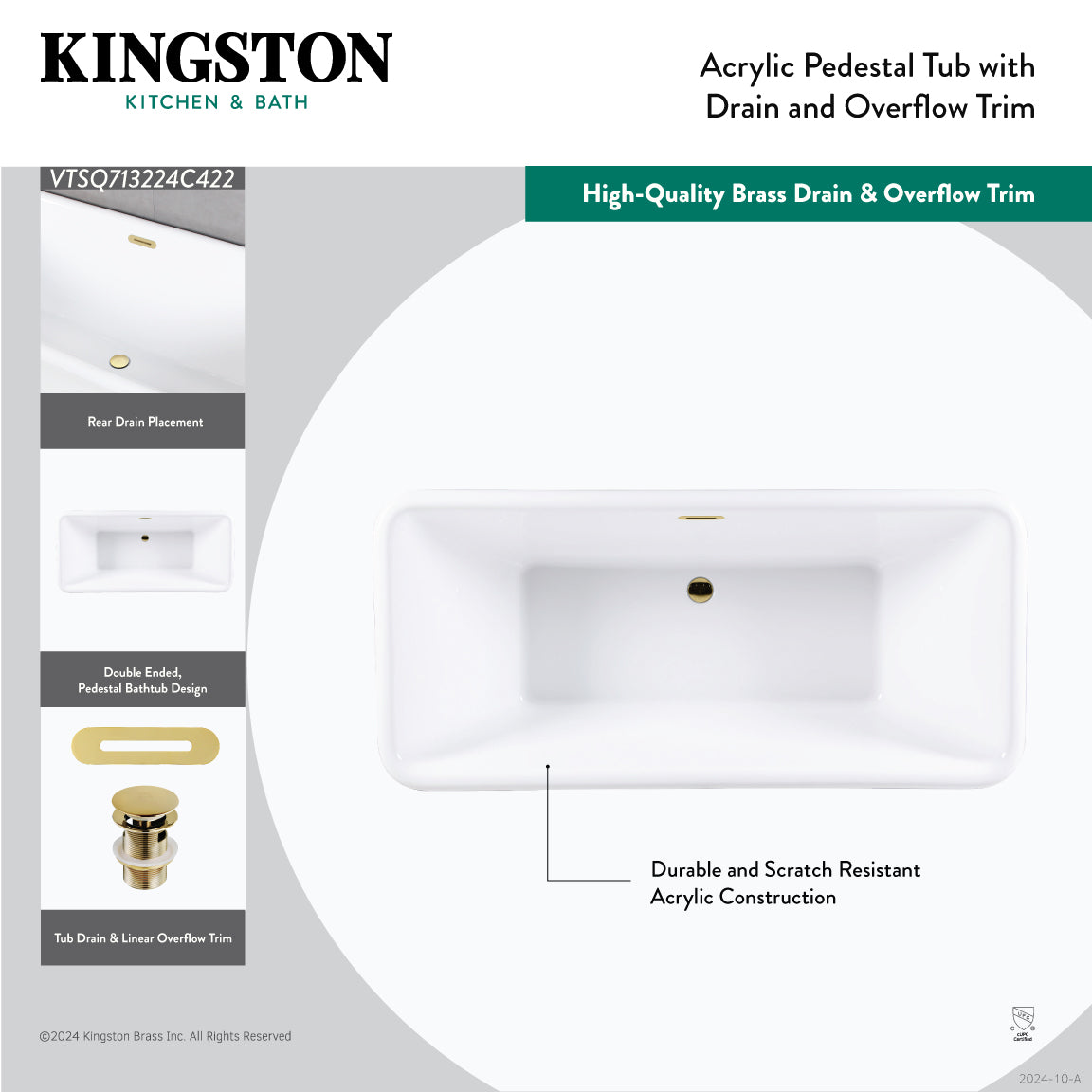 Kingston Brass VTSQ713224C423 71" Acrylic Oval Rectangular Double Ended Pedestal Tub with Drain (No Faucet Drillings), Glossy White/Antique Brass