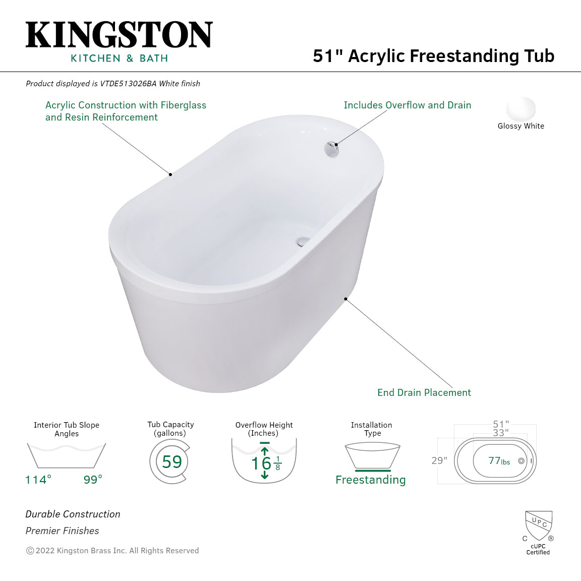 Kingston Brass VTDE513026BA 51" Acrylic Oval Double Slipper Freestanding Tub with Drain, Glossy White