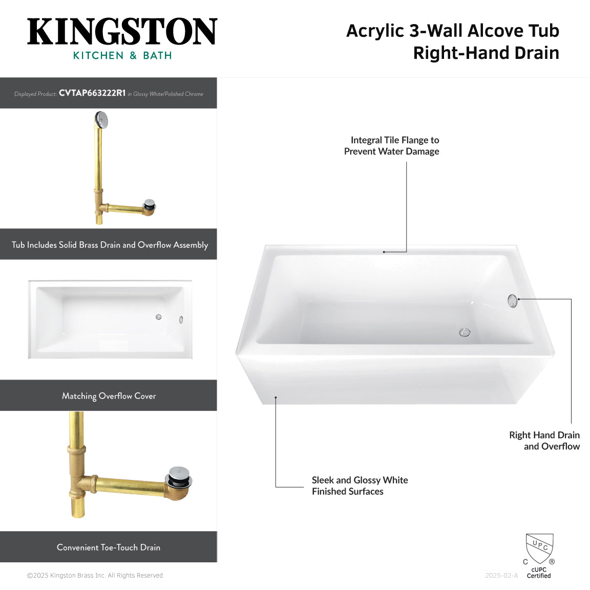 Aqua Eden CVTAP663222R2 66" Acrylic Rectangular 3-Wall Alcove Tub Combo with Waste and Overflow Drain (Right Hand Drain), Glossy White/Polished Brass