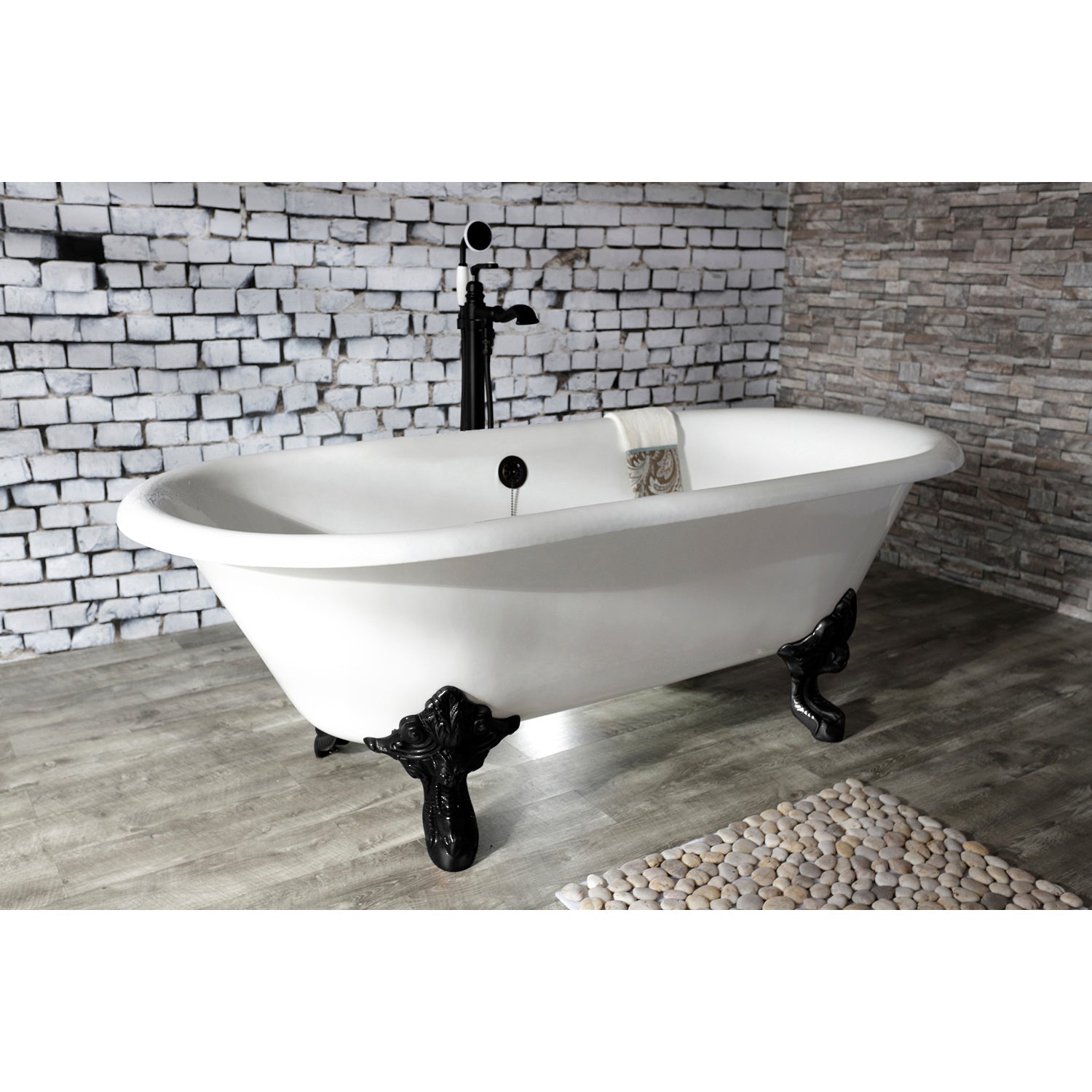 Aqua Eden VCTDE7232NL0 72" Cast Iron Oval Double Ended Clawfoot Tub (No Faucet Drillings), White/Matte Black