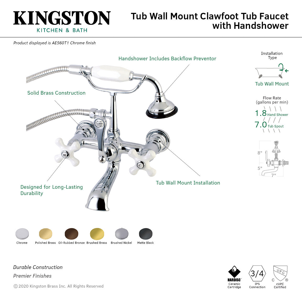Kingston Brass AE559T7 Aqua Vintage 7-Inch Wall Mount Tub Faucet with Hand Shower, Brushed Brass