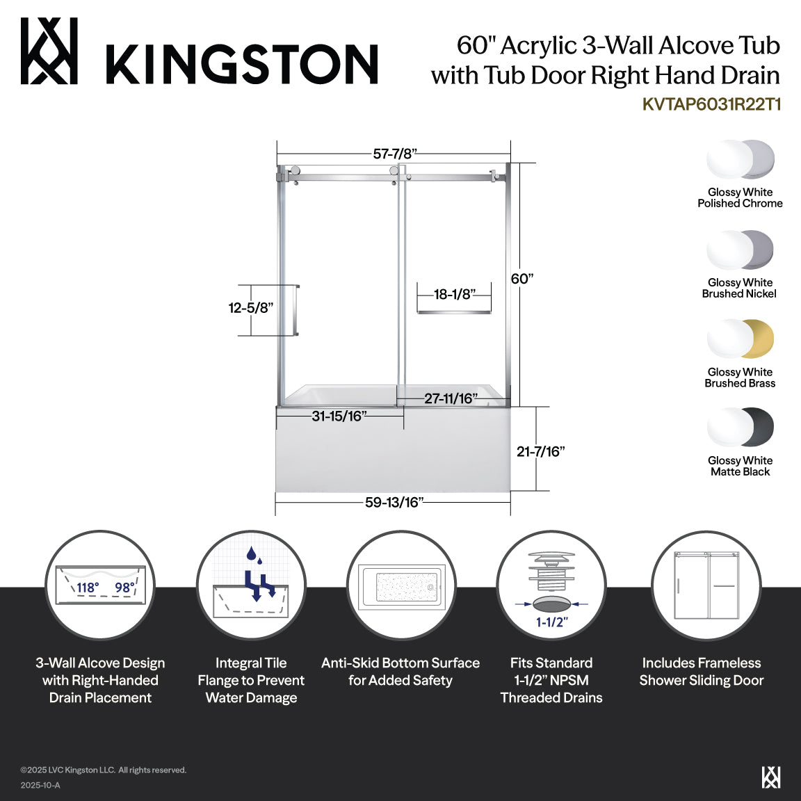 Kingston Brass KVTAP6031R22T8 60" Acrylic Rectangular 3-Wall Anti-Skid Alcove Tub Combo with Tub Door (Right Hand Drain), White/Brushed Nickel