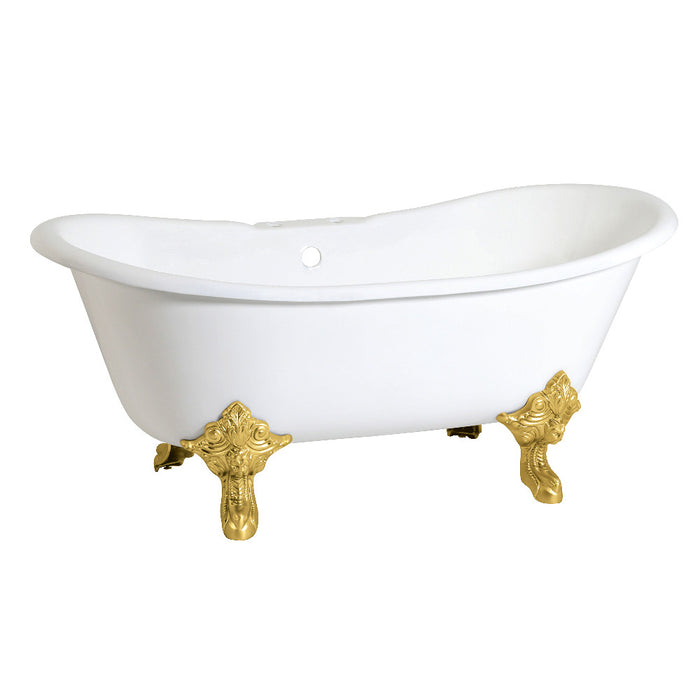 Aqua Eden VCT7DS6731NL7 67" Cast Iron Oval Double Slipper Clawfoot Tub (7" Faucet Drillings), White/Brushed Brass