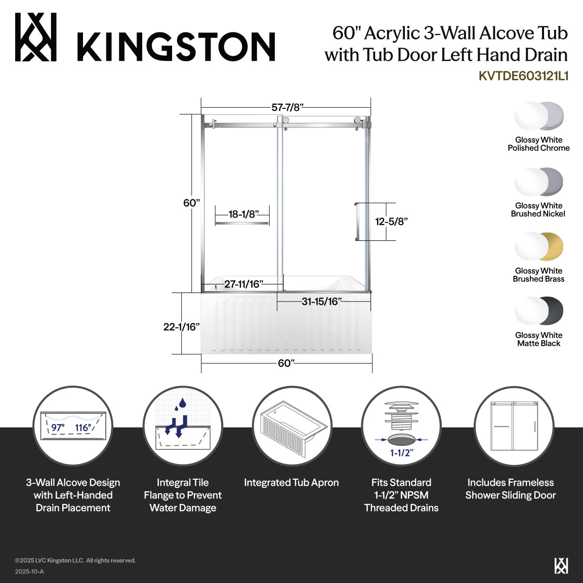 Kingston Brass KVTDE603121L1 60" Acrylic Rectangular 3-Wall Alcove Tub Combo with Tub Door (Left Hand Drain), White/Polished Chrome