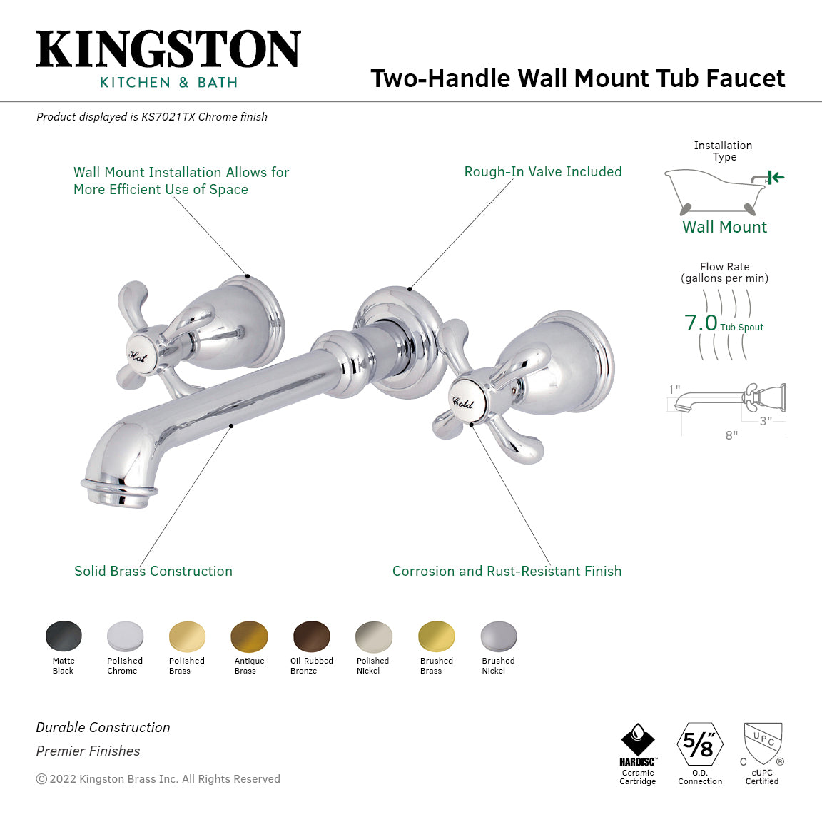 Kingston Brass KS7025TX French Country Two-Handle Wall Mount Roman Tub Faucet, Oil Rubbed Bronze