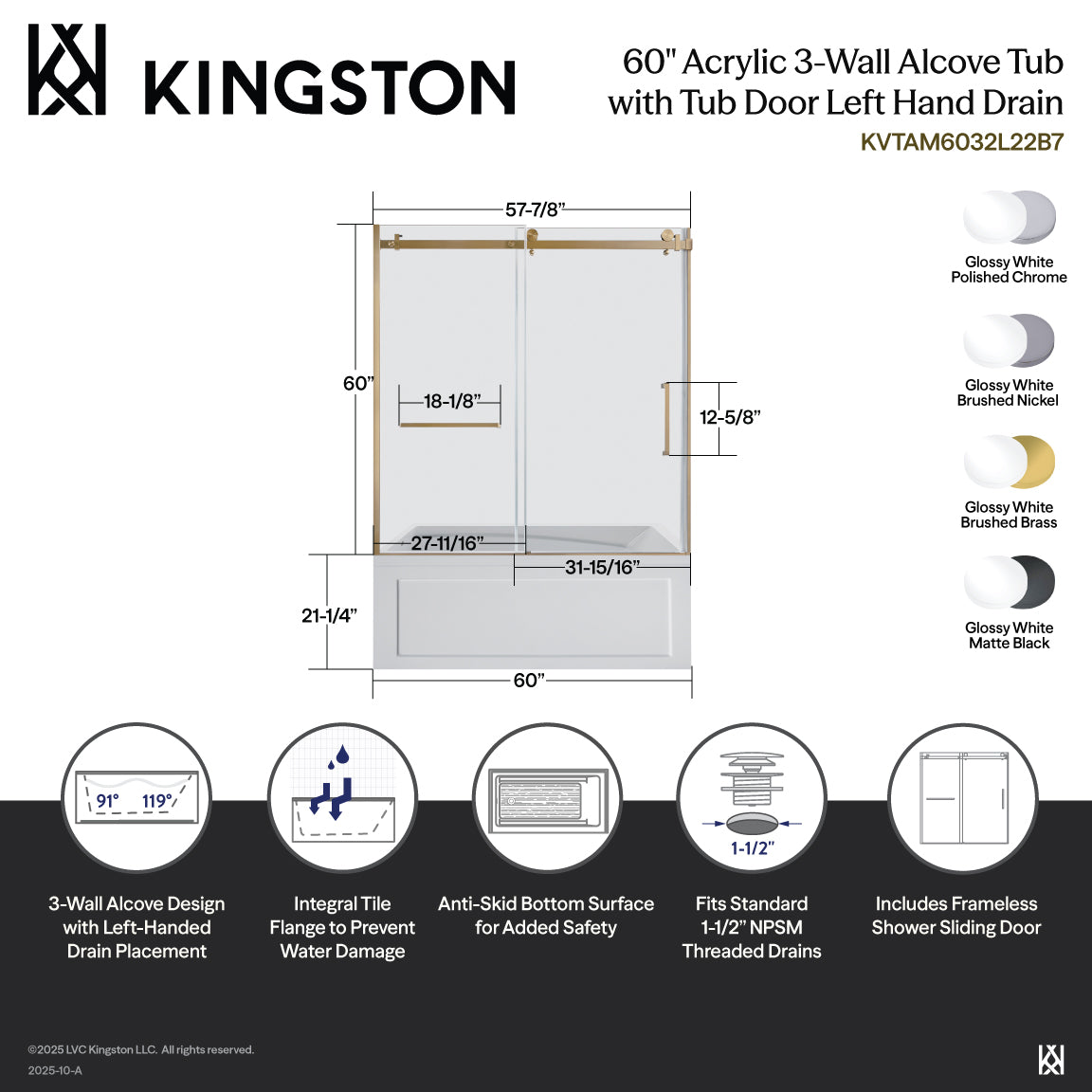 Kingston Brass KVTAM6032L22B7 60" Acrylic Rectangular 3-Wall Anti-Skid Alcove Tub Combo with Tub Door (Left Hand Drain), White/Brushed Brass