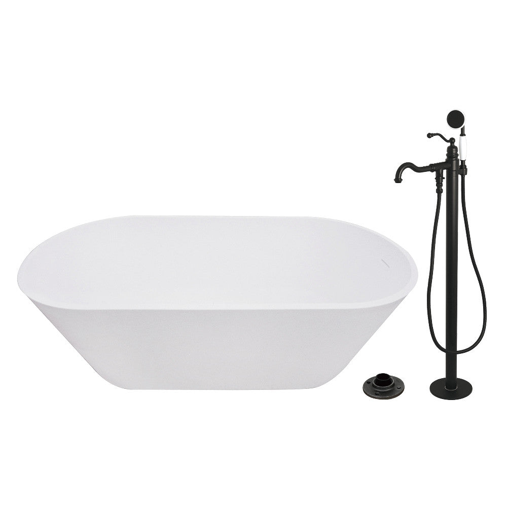 Kingston Brass KRTRS6731130AL 67" Solid Surface Oval Double Ended Freestanding Tub with Faucet Combo and Drain, Matte Black