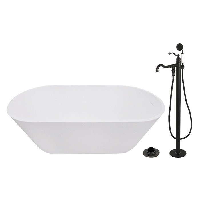 Kingston Brass KRTRS6731130AL 67" Solid Surface Oval Double Ended Freestanding Tub with Faucet Combo and Drain, Matte Black