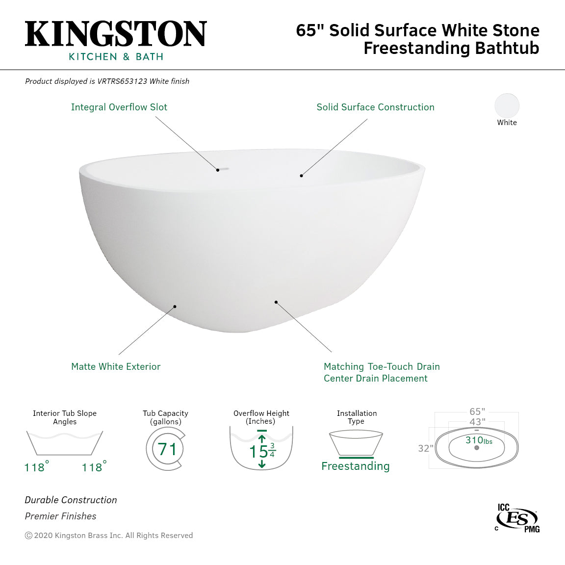 Kingston Brass VRTRS653123 65" Solid Surface Oval Double Ended Freestanding Tub with Drain, Matte White