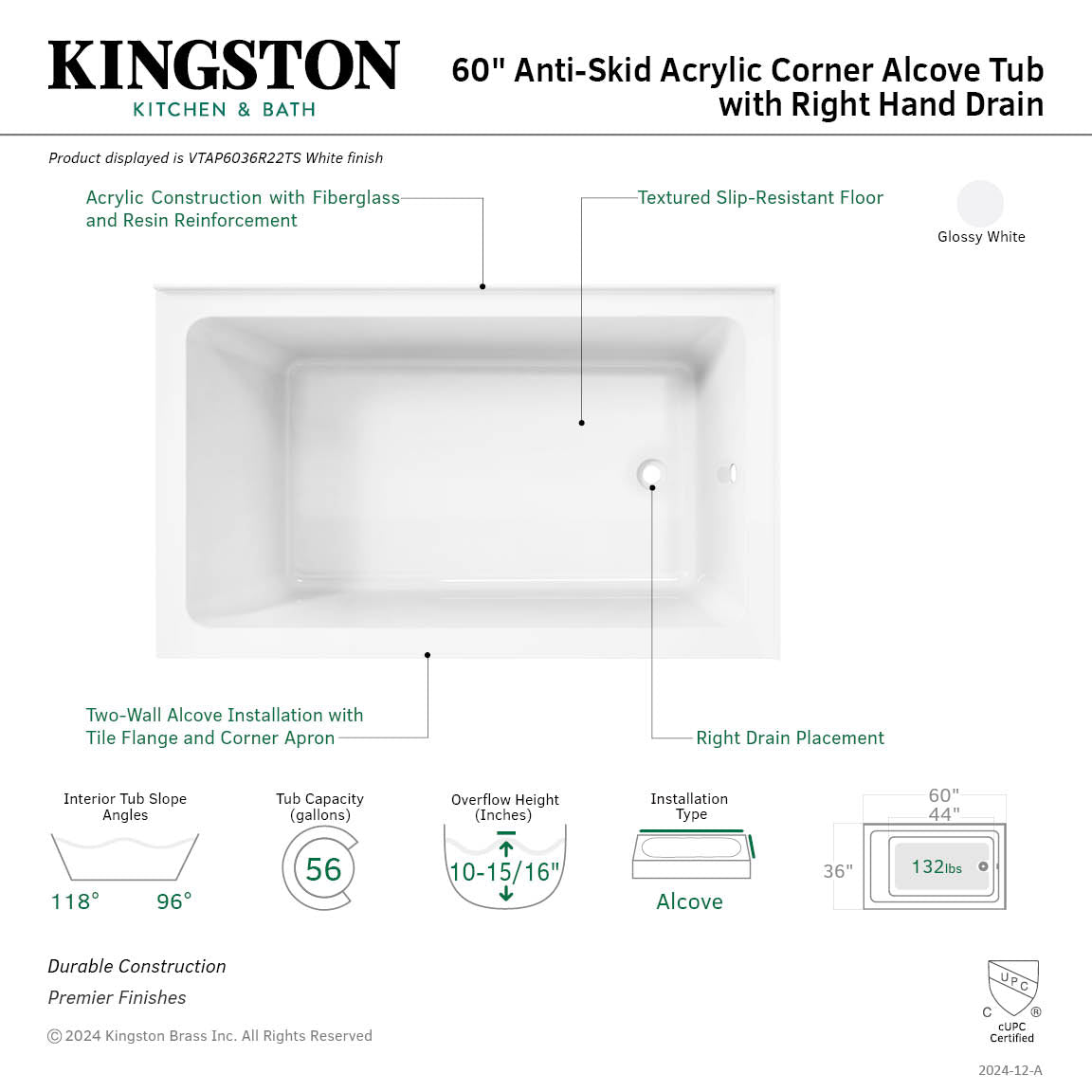 Aqua Eden VTAP6036R22TS 60" Acrylic Rectangular 2-Wall Corner Alcove Tub, Right Hand Drain, Glossy White