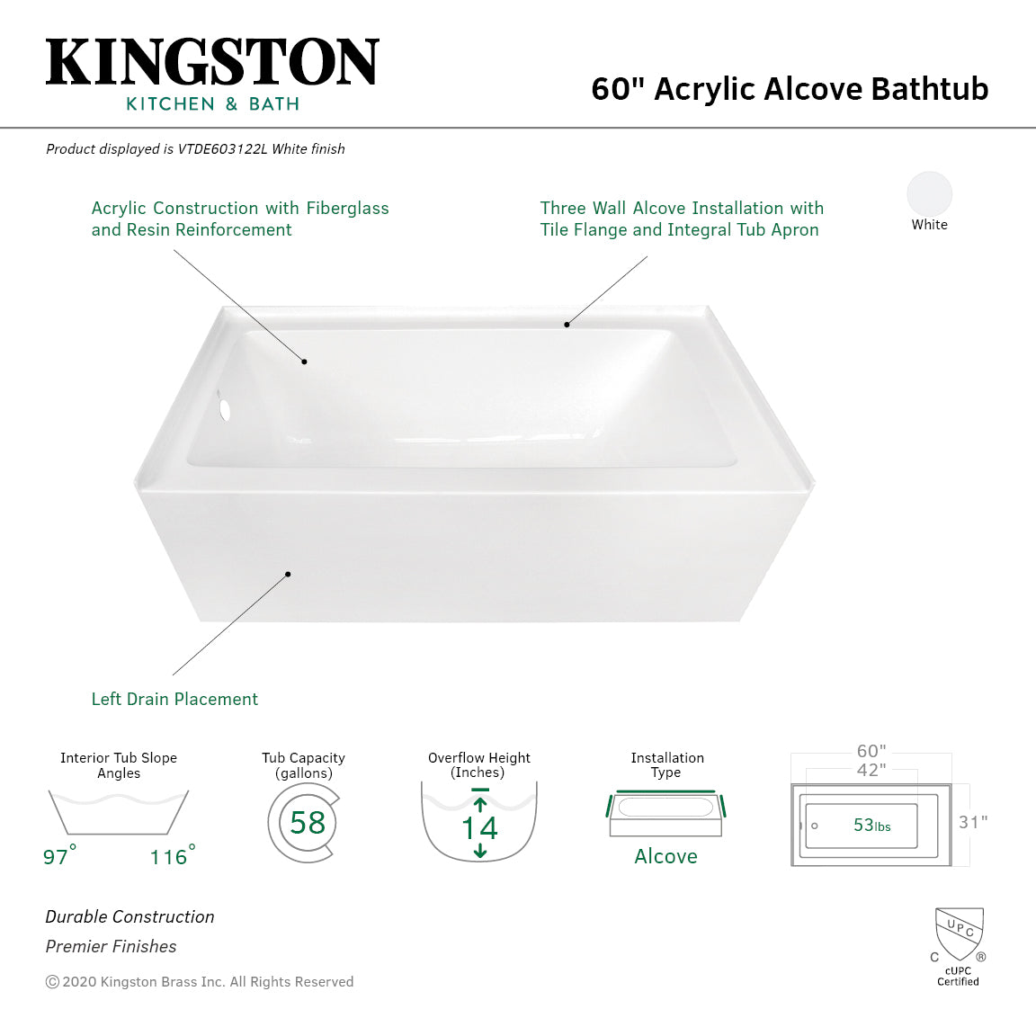 Aqua Eden VTDE603122L 60" Acrylic Rectangular 3-Wall Alcove Tub, Left Hand Drain, Glossy White