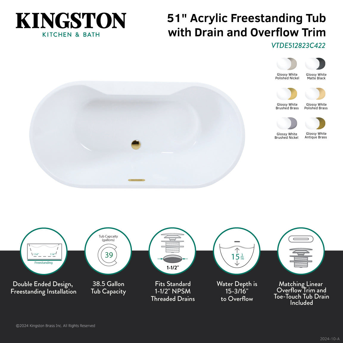 Kingston Brass VTDE512823C423 51" Acrylic Oval Double Ended Freestanding Tub with Drain, Glossy White/Antique Brass