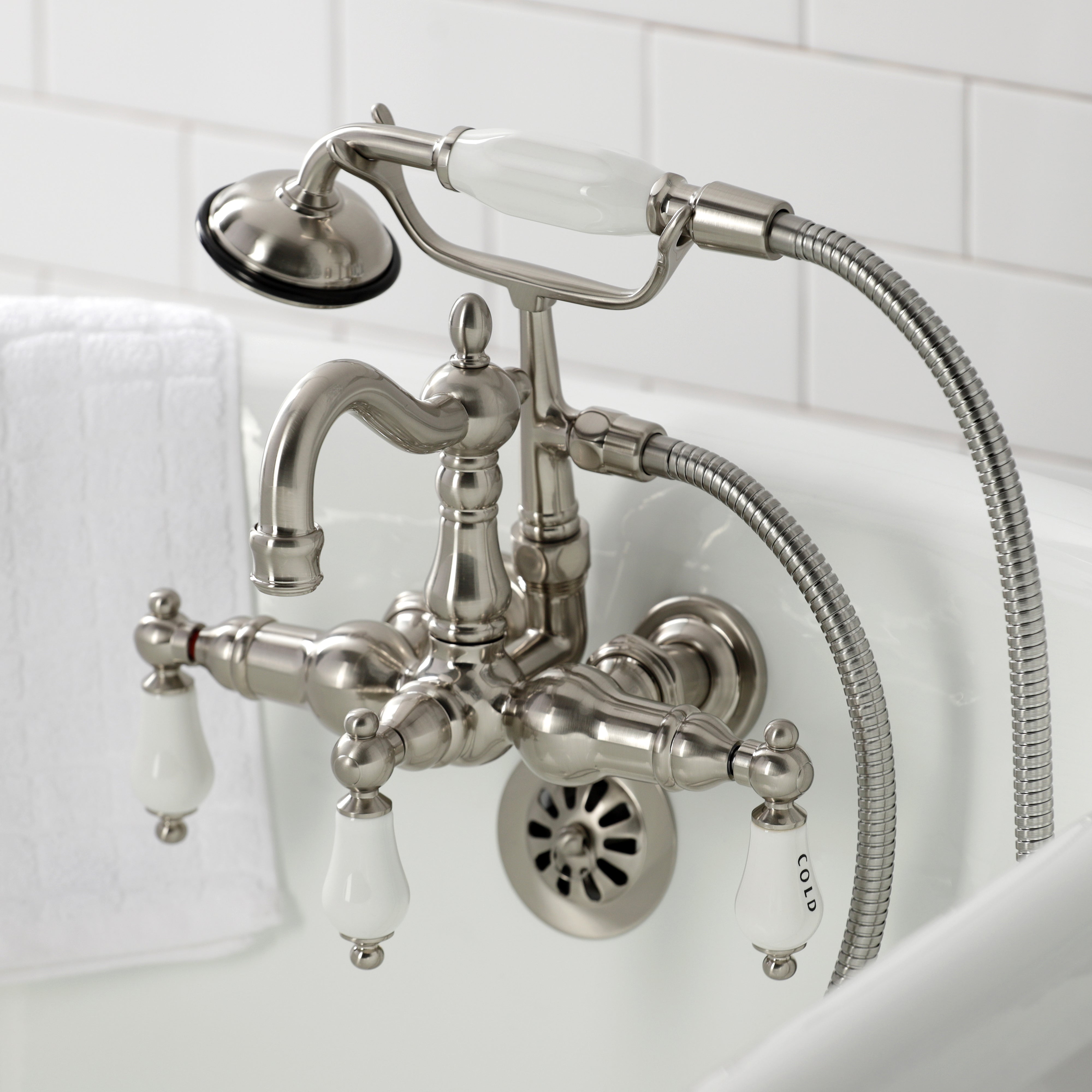 Kingston Brass CA1009T8 Heritage 3-3/8" Tub Wall Mount Clawfoot Tub Faucet with Hand Shower, Brushed Nickel
