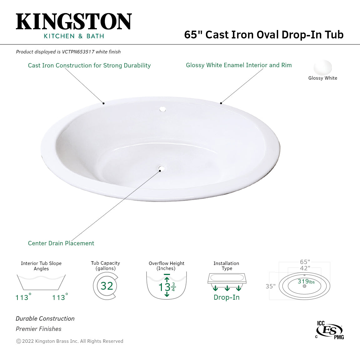 Aqua Eden VCTPN653517 65" Cast Iron Oval Drop-In Tub with Center Drain, White