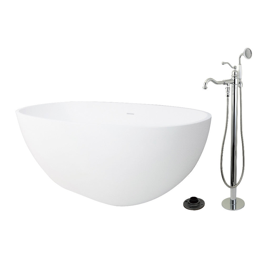 Kingston Brass KRTRS6531131AL 65" Solid Surface Oval Double Ended Freestanding Tub with Faucet Combo and Drain, Polished Chrome