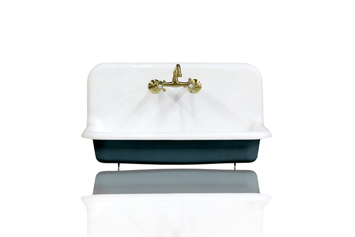 WatermarkFixtures 36" Antique Inspired High Back Farm Sink Cast Iron Original Porcelain Wall Mount Kitchen Sink Package Hague Blue