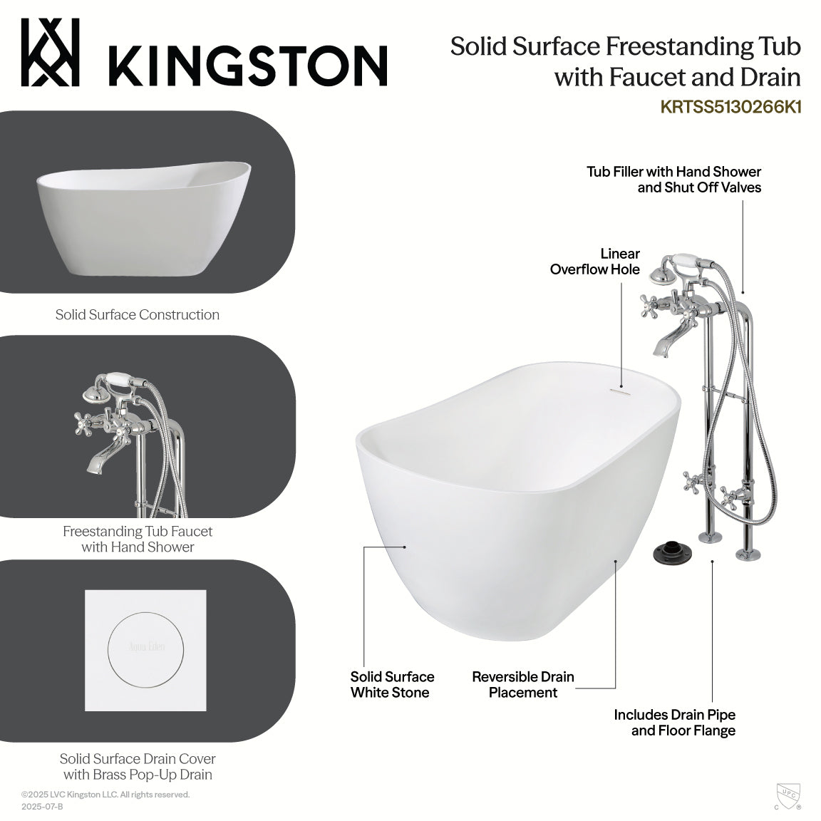 Kingston Brass KRTSS5130266K2 51" Solid Surface Oval Single Slipper Freestanding Tub with Faucet Combo and Drain, Polished Brass