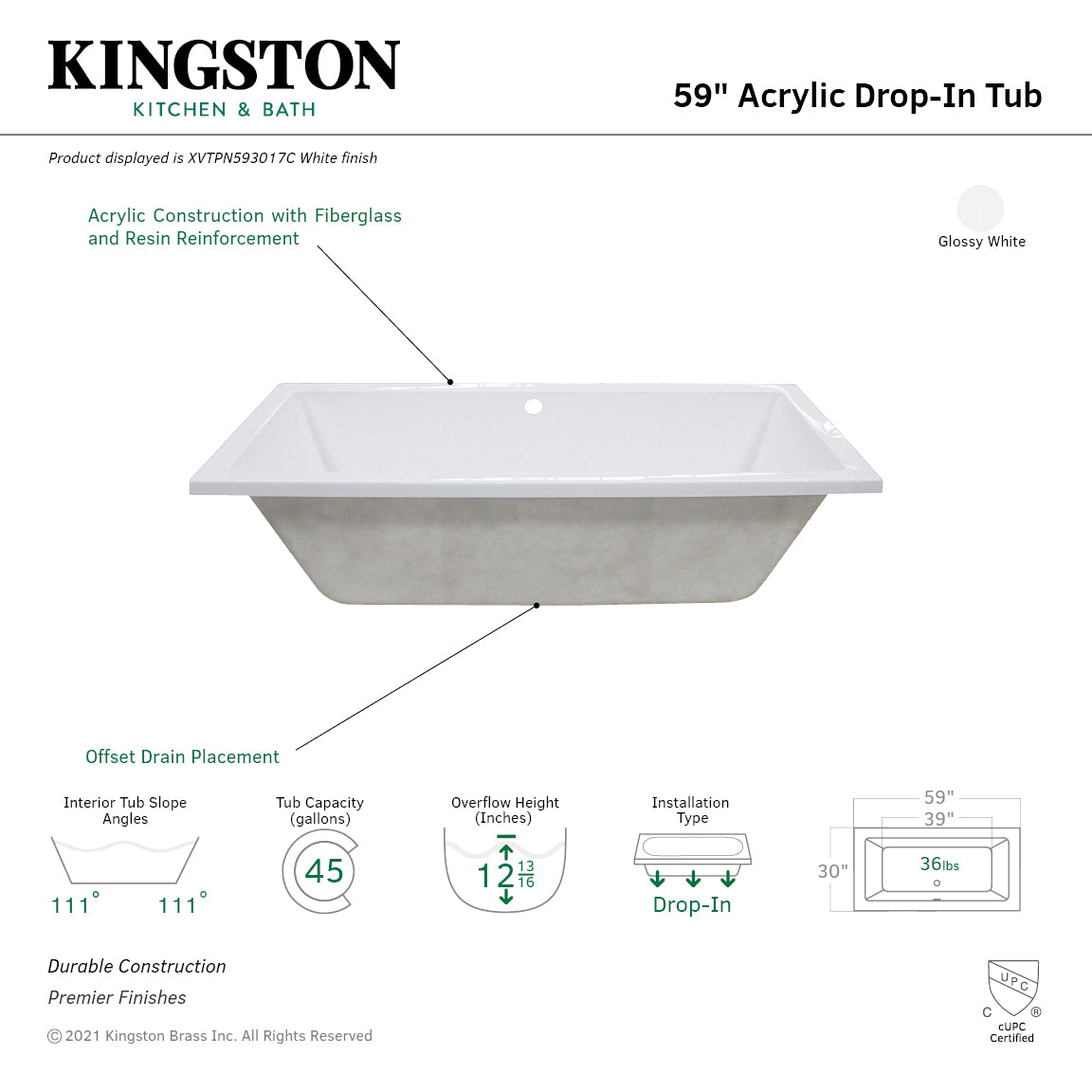 Aqua Eden XVTPN593017C 59" Acrylic Rectangular Drop-In Tub with Center Drain, Glossy White