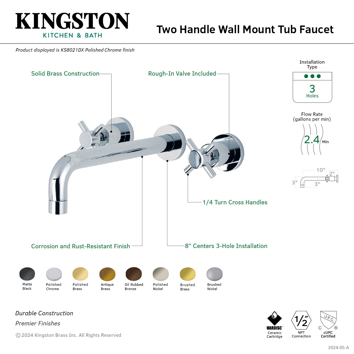 Kingston Brass KS8023DX Concord Two-Handle Wall Mount Roman Tub Faucet, Antique Brass