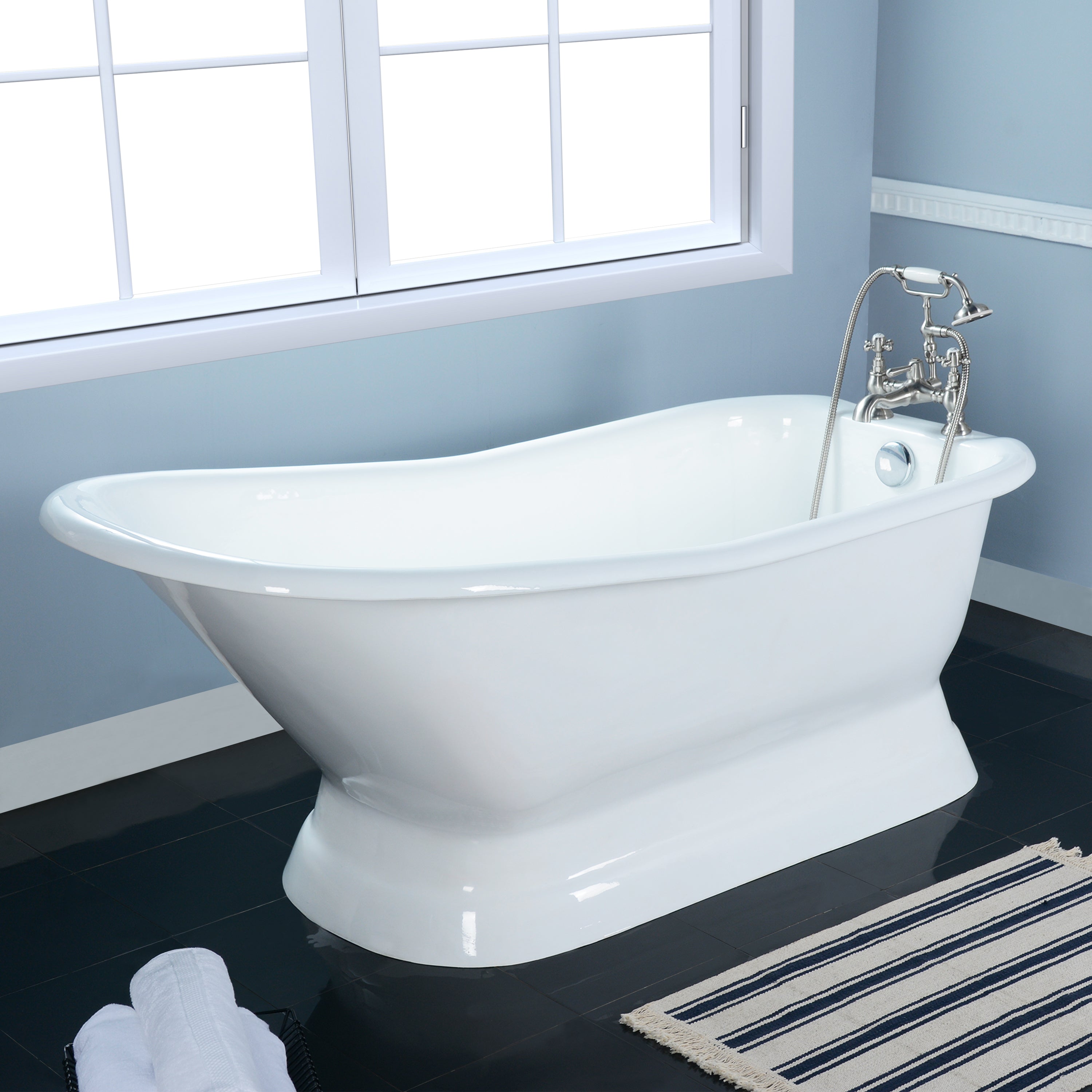 Aqua Eden VCT7D663028 66" Cast Iron D-Shaped Single Slipper Pedestal Tub (7" Faucet Drillings), White