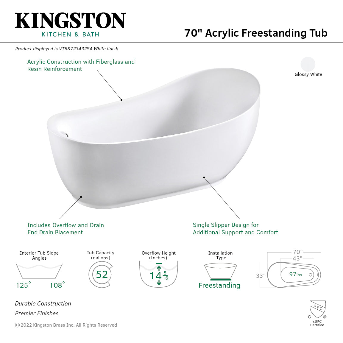 Kingston Brass VTRS723432SA 70" Acrylic Oval Single Slipper Freestanding Tub with Drain, Glossy White