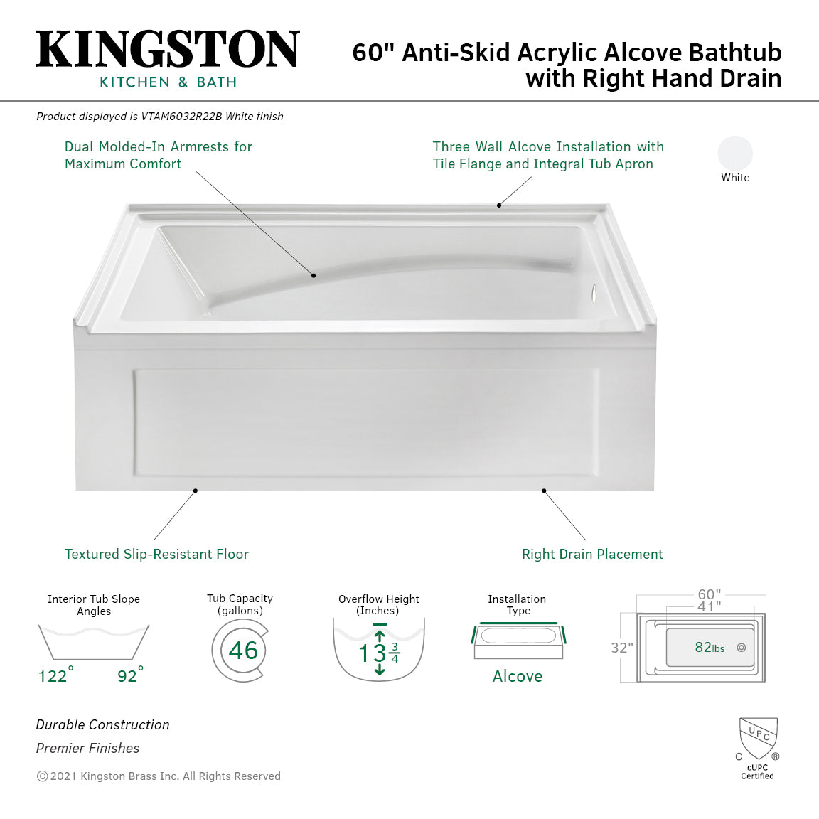 Aqua Eden VTAM6032R22B 60" Acrylic Rectangular 3-Wall Alcove Tub with Armrest and Anti-Skid Surface, Right Hand Drain, Glossy White
