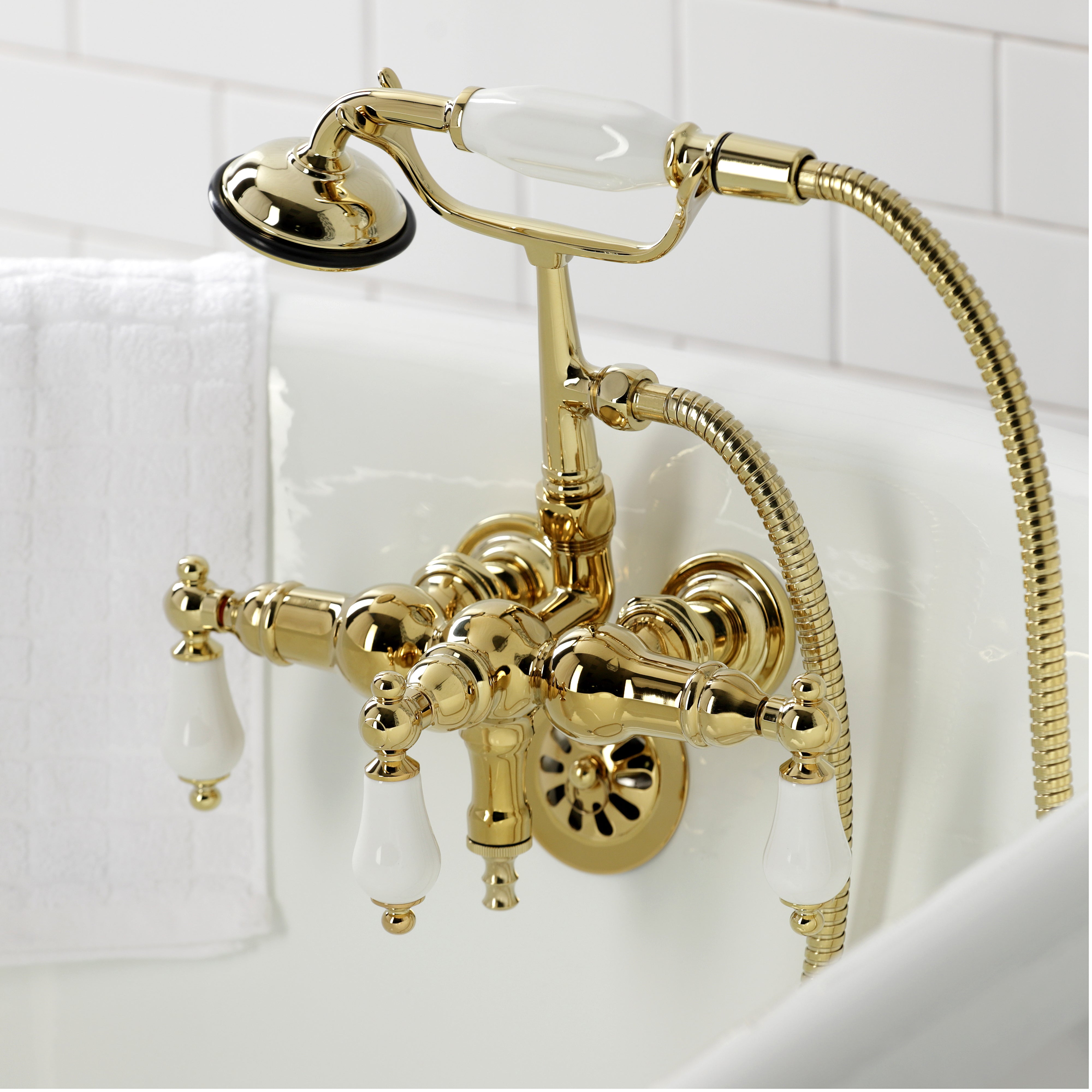 Kingston Brass CA23T2 Vintage 3-3/8" Tub Wall Mount Clawfoot Tub Faucet with Hand Shower, Polished Brass