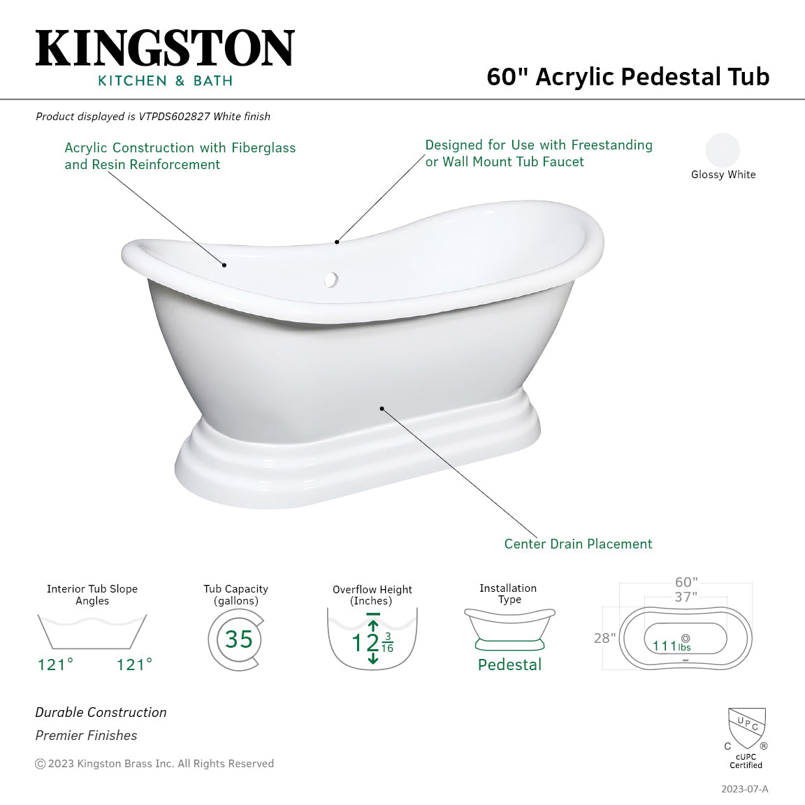 Kingston Brass VTPDS602827 60" Acrylic Oval Double Slipper Pedestal Tub (No Faucet Drillings), Glossy White