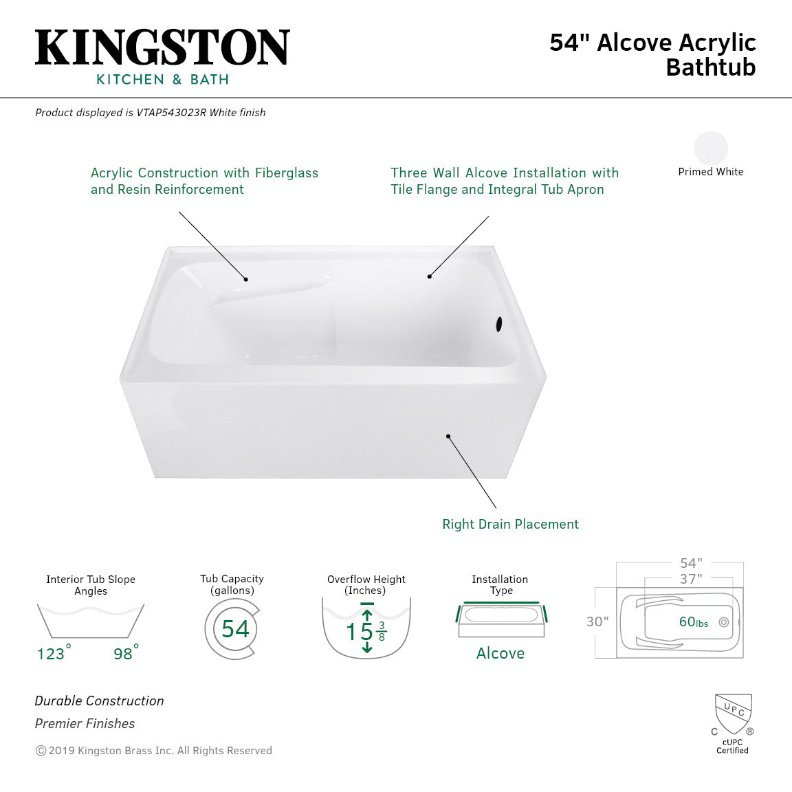 Aqua Eden VTAP543023R 54" Acrylic Rectangular 3-Wall Alcove Tub with Arm Rest and Right Hand Drain Hole, Glossy White