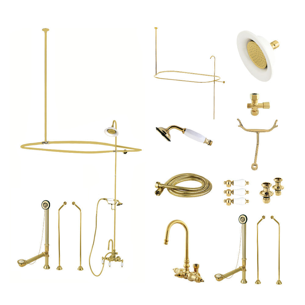 Kingston Brass CCK2182PL Vintage Tub Wall Mount High-Arc Gooseneck Clawfoot Tub Faucet Package with Supply Enclosure and Hand Shower, Polished Brass