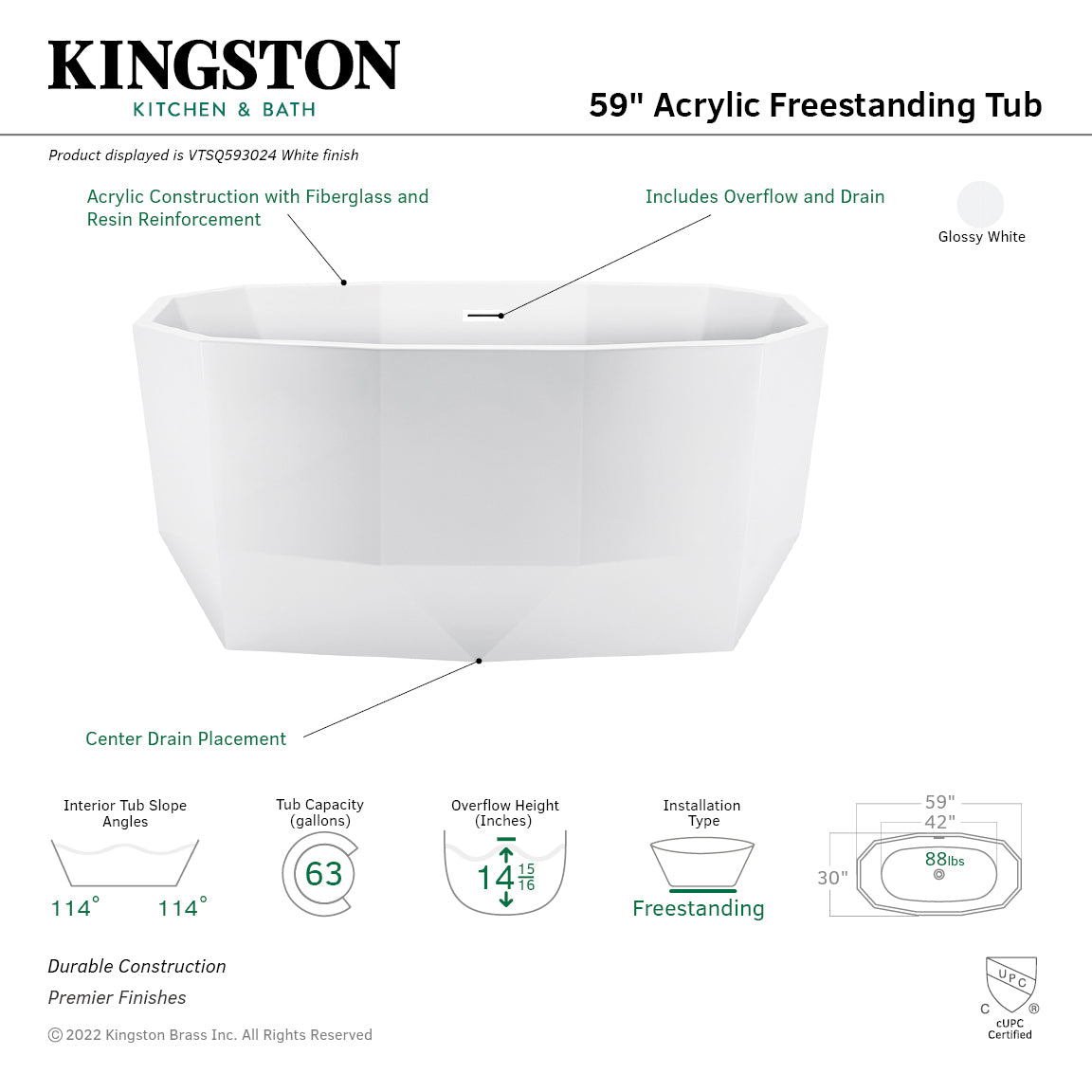Kingston Brass VTSQ593024 59" Acrylic Oval Double Ended Freestanding Tub with Drain, Glossy White