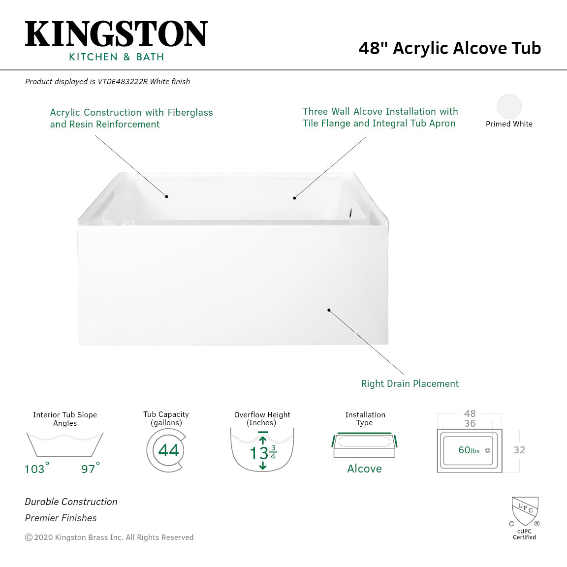 Aqua Eden VTDE483222R 48" Acrylic Rectangular 3-Wall Alcove Tub, Right Hand Drain Hole, Glossy White