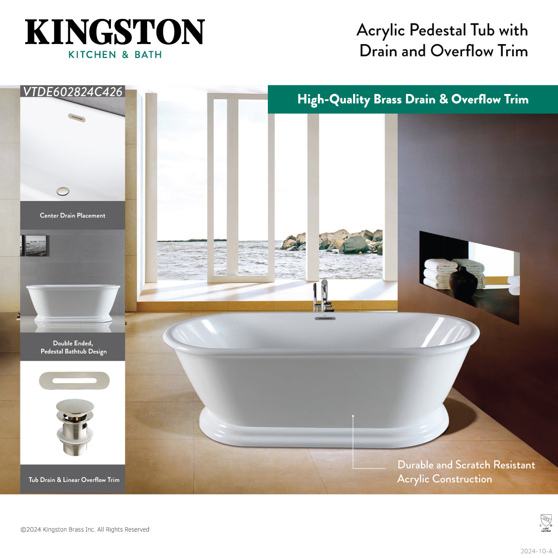 Kingston Brass VTDE602824C426 60" Acrylic Oval Double Ended Pedestal Tub with Drain (No Faucet Drillings), Glossy White/Polished Nickel