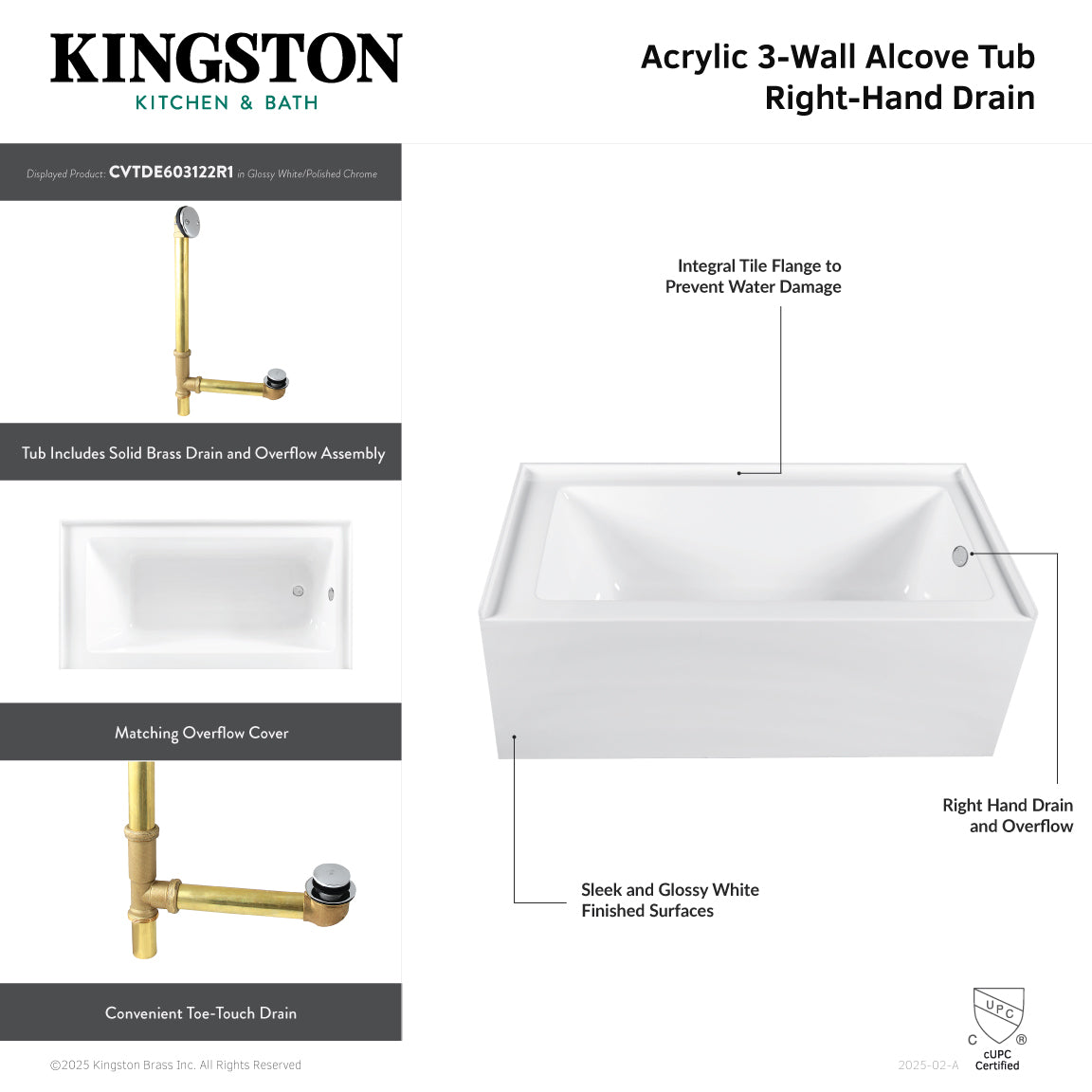 Aqua Eden CVTDE603122R3 60" Acrylic Rectangular 3-Wall Alcove Tub Combo with Waste and Overflow Drain (Right Hand Drain), Glossy White/Antique Brass
