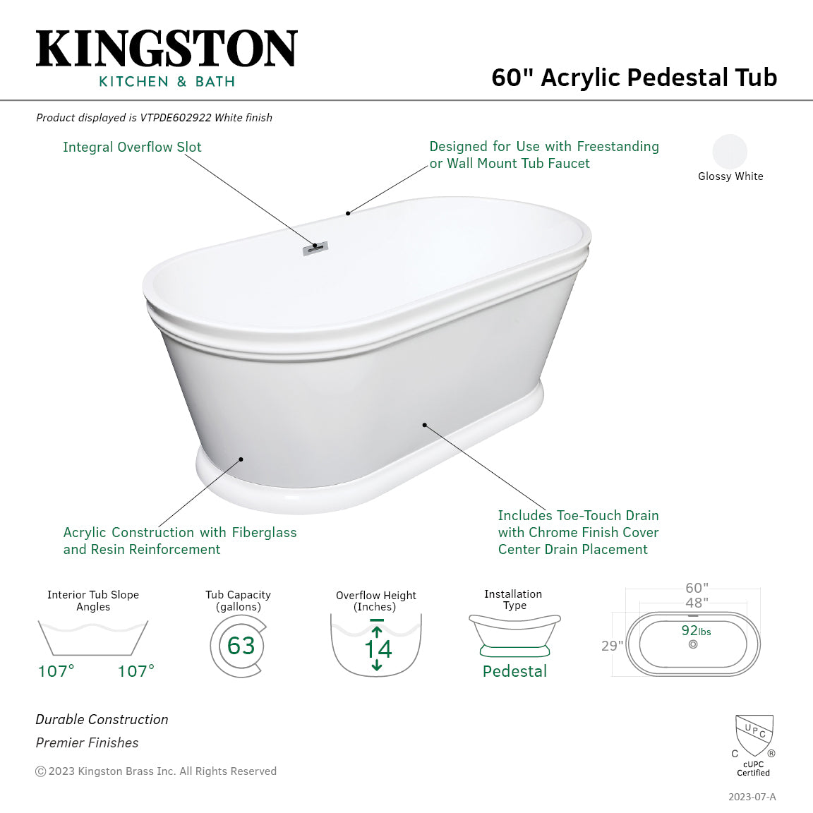 Kingston Brass VTPDE602922 60" Acrylic Oval Double Ended Pedestal Tub with Drain (No Faucet Drillings), Glossy White