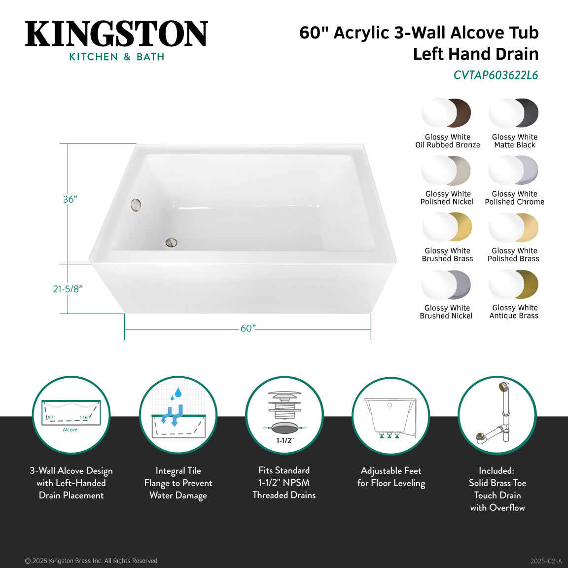 Aqua Eden CVTAP603622L0 60" Acrylic Rectangular 3-Wall Alcove Tub Combo with Waste and Overflow Drain (Left Hand Drain), Glossy White/Matte Black